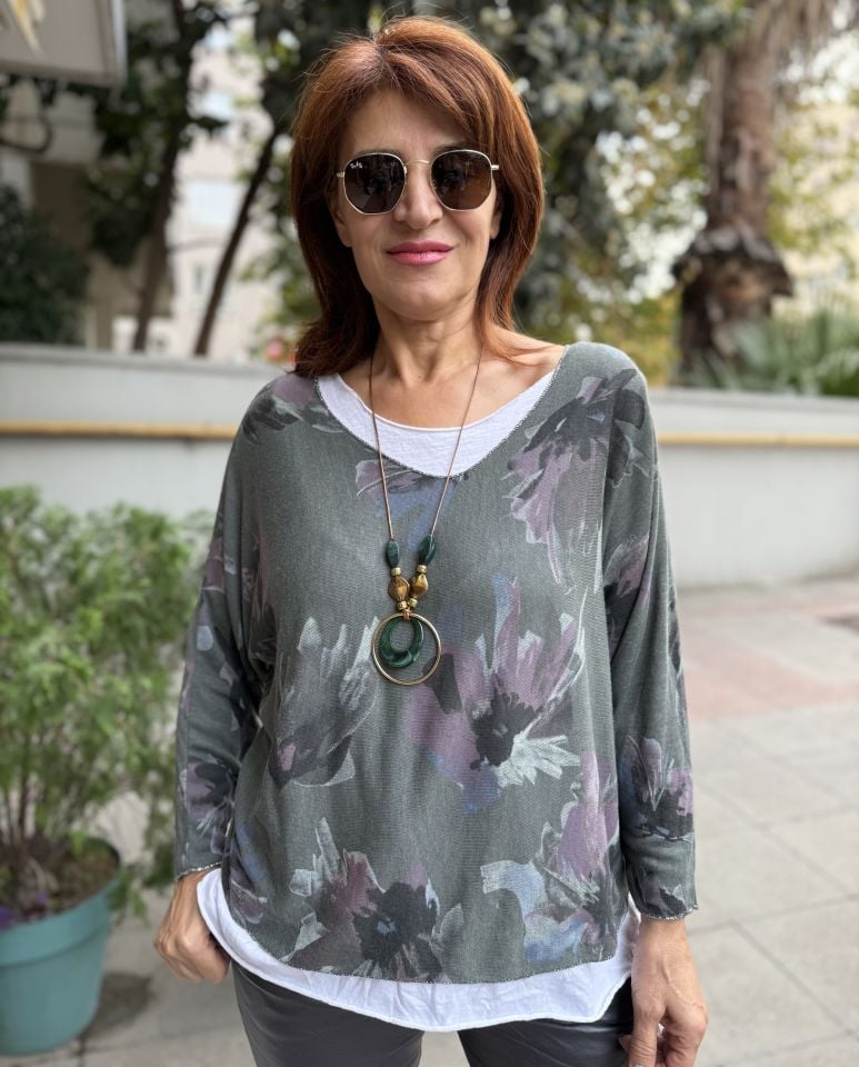 İtalyan Çiçek Desenli Bluz Haki