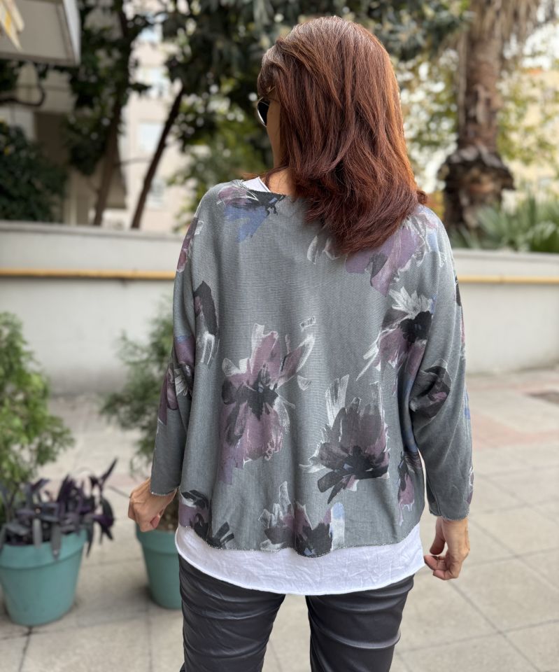 İtalyan Çiçek Desenli Bluz Çağla Yeşil