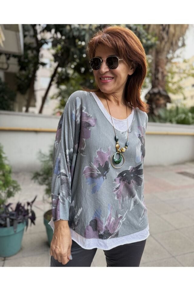İtalyan Çiçek Desenli Bluz Çağla Yeşil