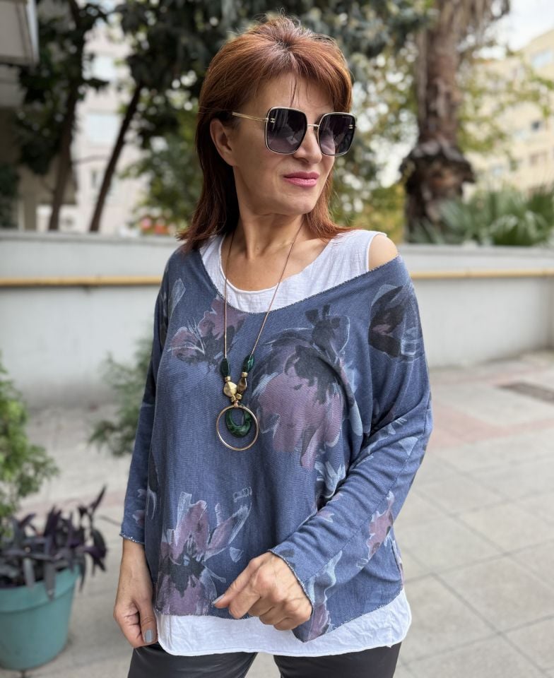 İtalyan Çiçek Desenli Bluz Mavi