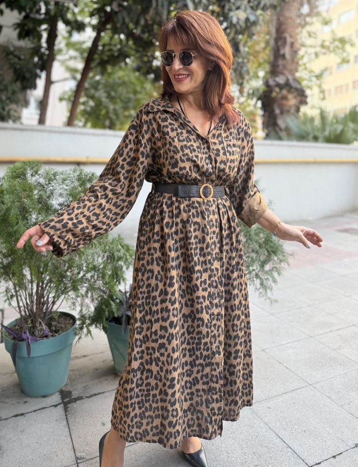 İtalyan Belmando Leopar Elbise Kahve