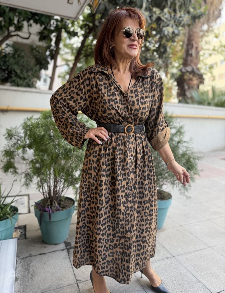 İtalyan Belmando Leopar Elbise Kahve