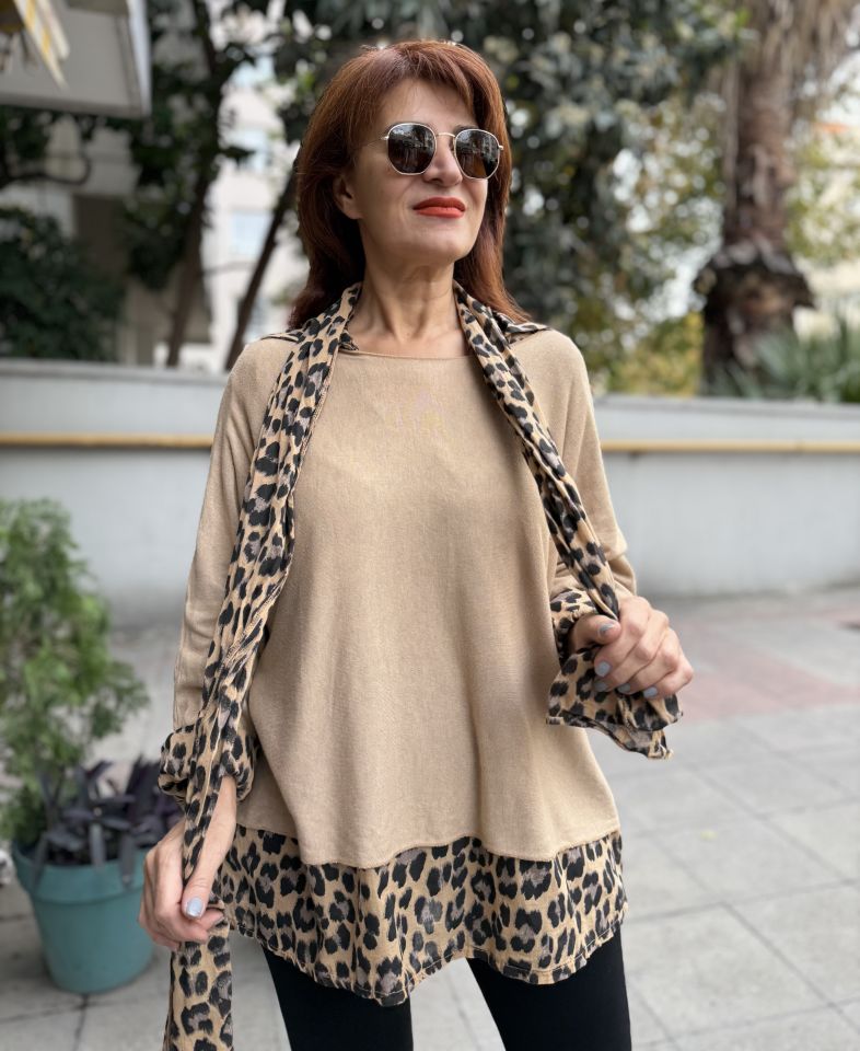 İtalyan Fularlı Gömlek Triko Takım Sütlü Kahve