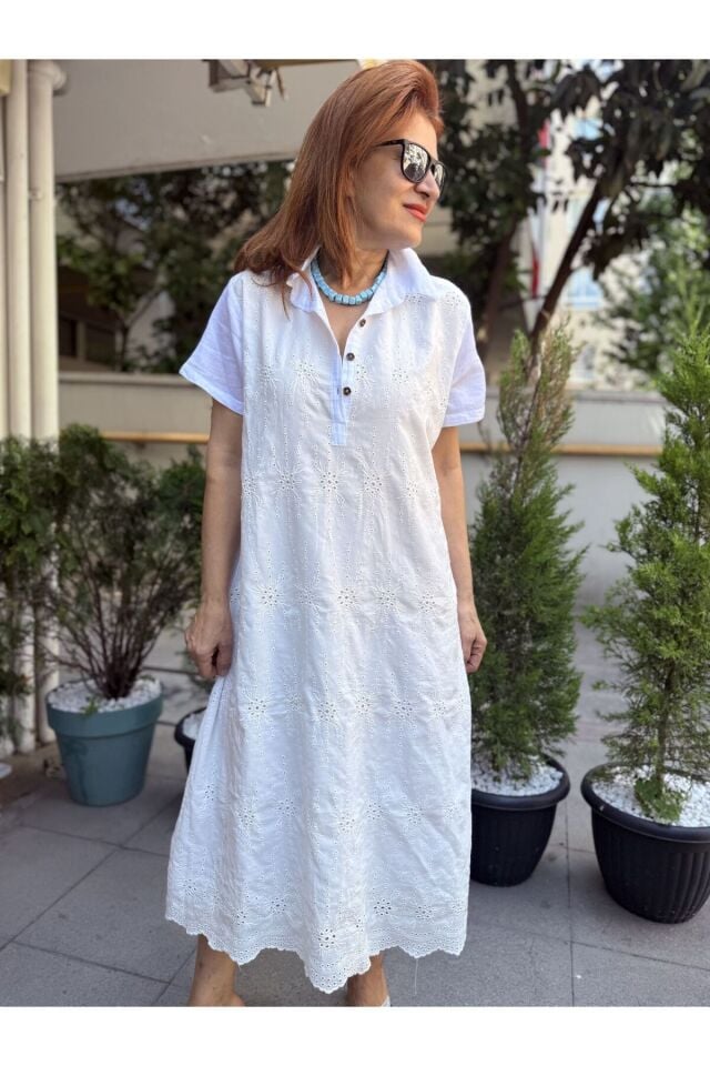 Brode Düğmeli Elbise Beyaz
