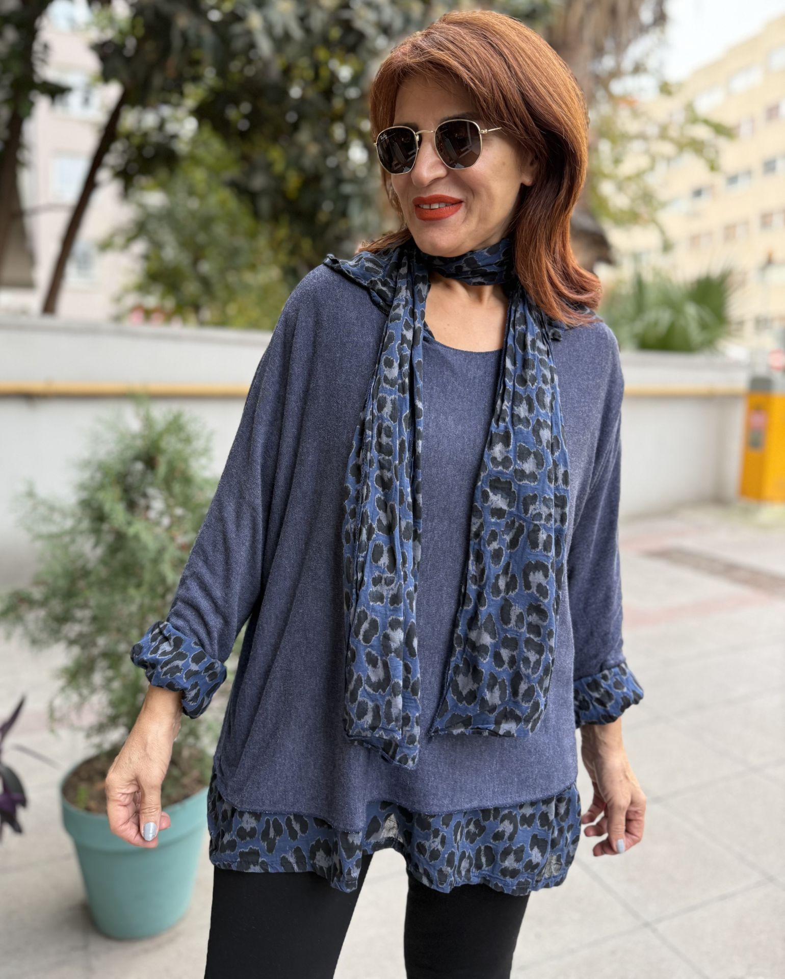 İtalyan Fularlı Gömlek Triko Takım Mavi
