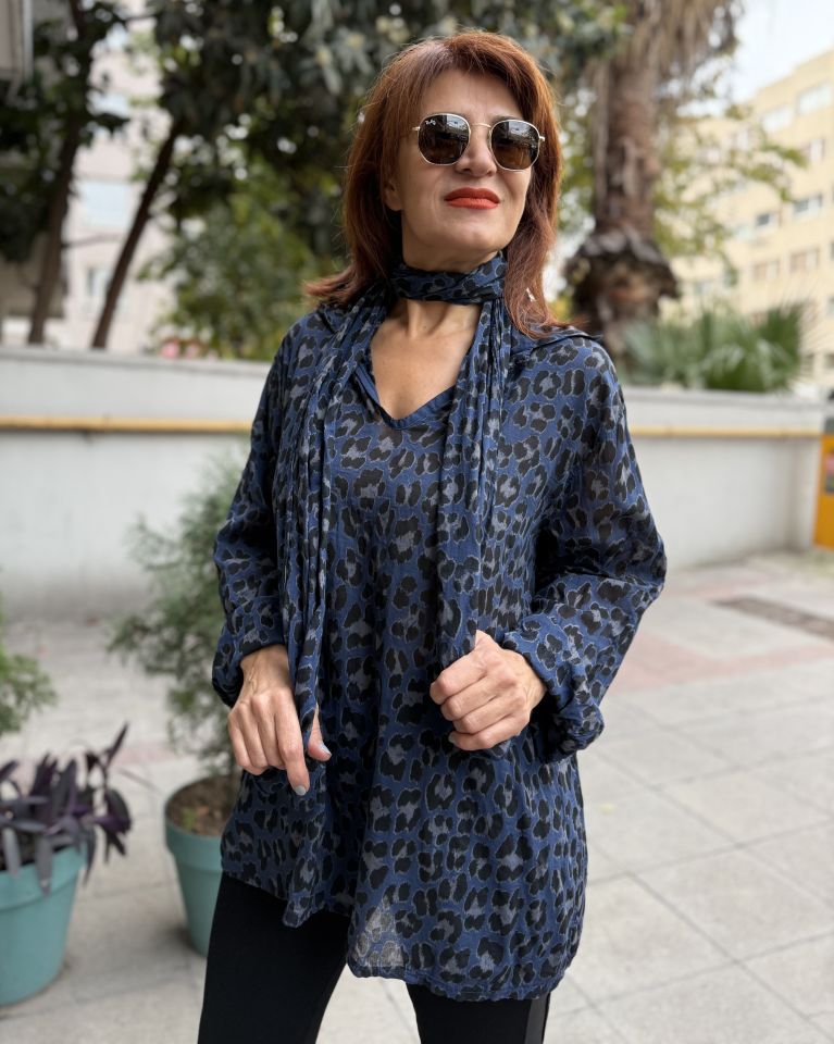 İtalyan Fularlı Gömlek Triko Takım Mavi