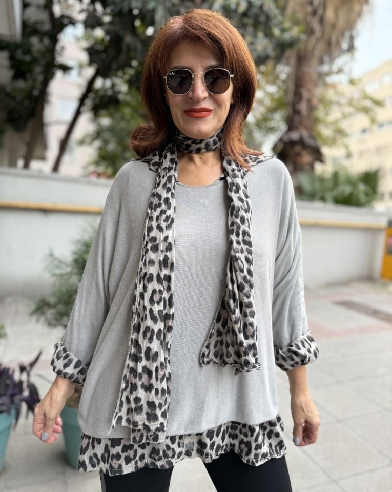 İtalyan Fularlı Gömlek Triko Takım Taş