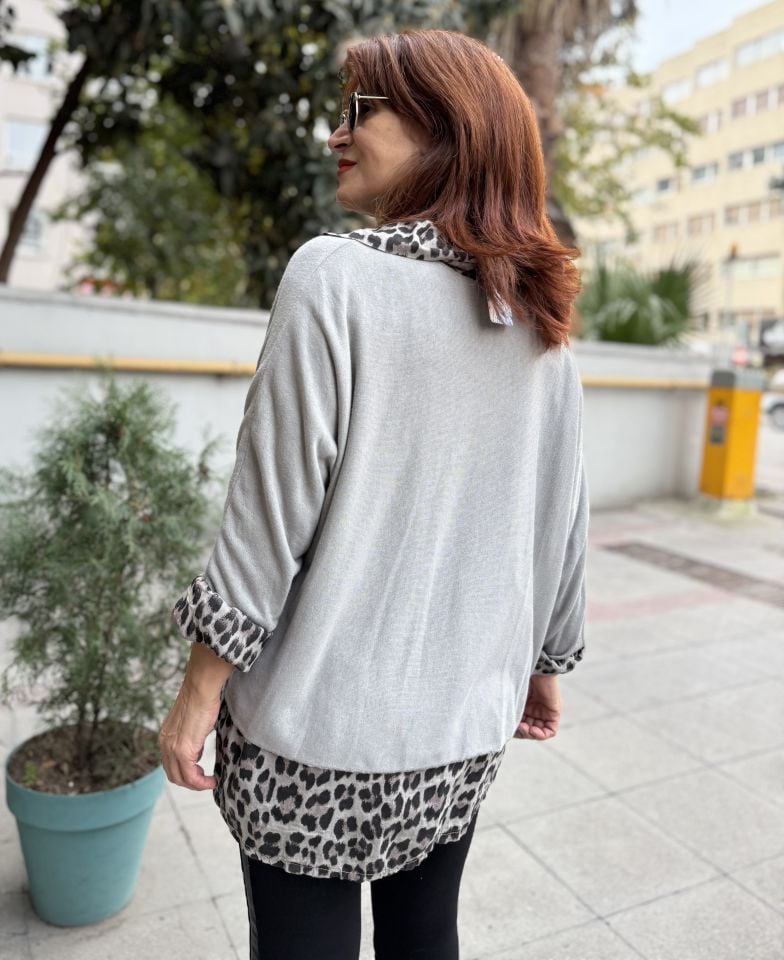 İtalyan Fularlı Gömlek Triko Takım Taş