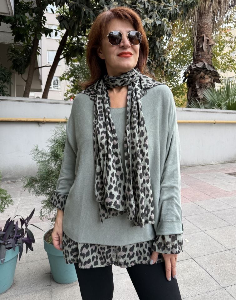 İtalyan Fularlı Gömlek Triko Takım Çağla Yeşil