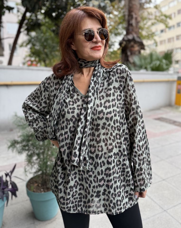 İtalyan Fularlı Gömlek Triko Takım Çağla Yeşil