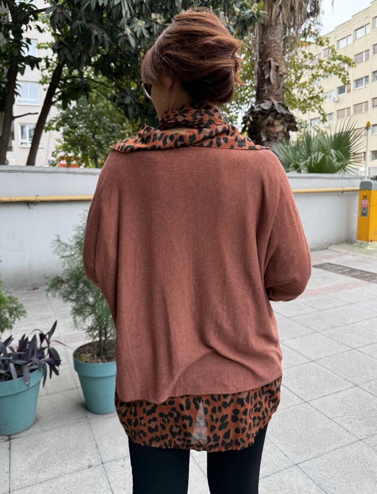 İtalyan Fularlı Gömlek Triko Takım Tarçın