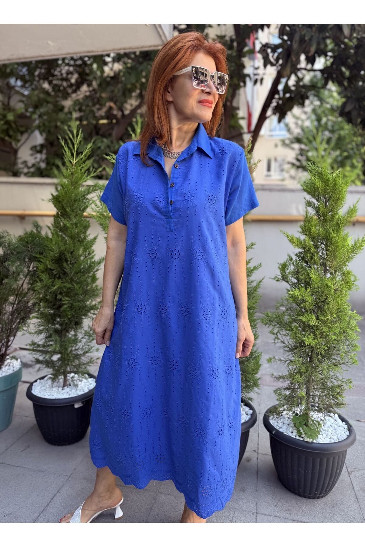 Brode Düğmeli Elbise Saks Mavi