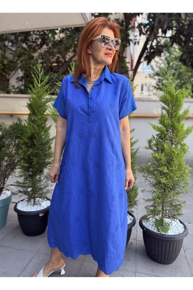 Brode Düğmeli Elbise Saks Mavi