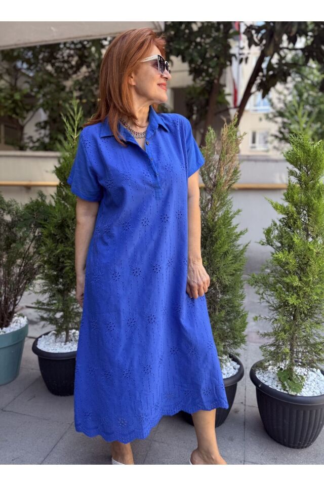 Brode Düğmeli Elbise Saks Mavi
