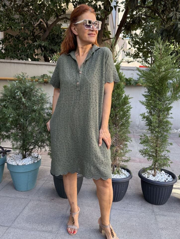 Güpür Midi Elbise (Cepli) Haki