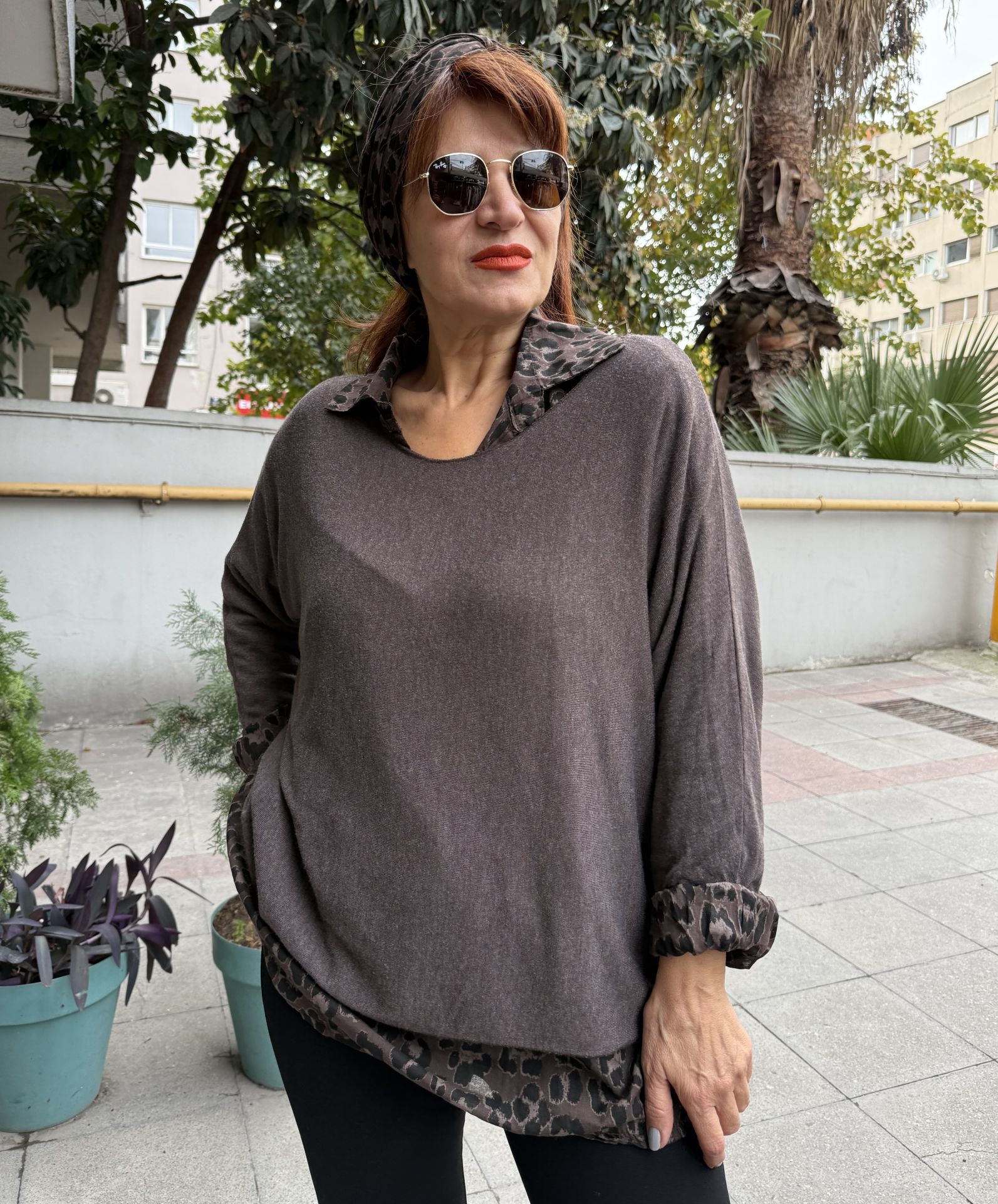 İtalyan Fularlı Gömlek Triko Takım Acı Kahve