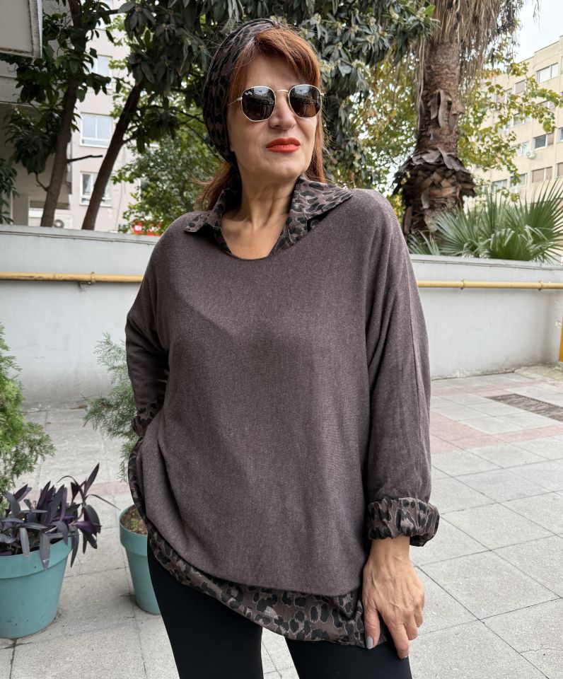 İtalyan Fularlı Gömlek Triko Takım Acı Kahve