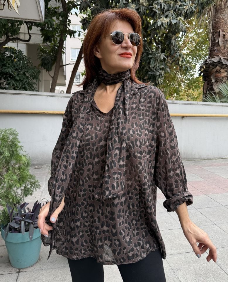 İtalyan Fularlı Gömlek Triko Takım Acı Kahve