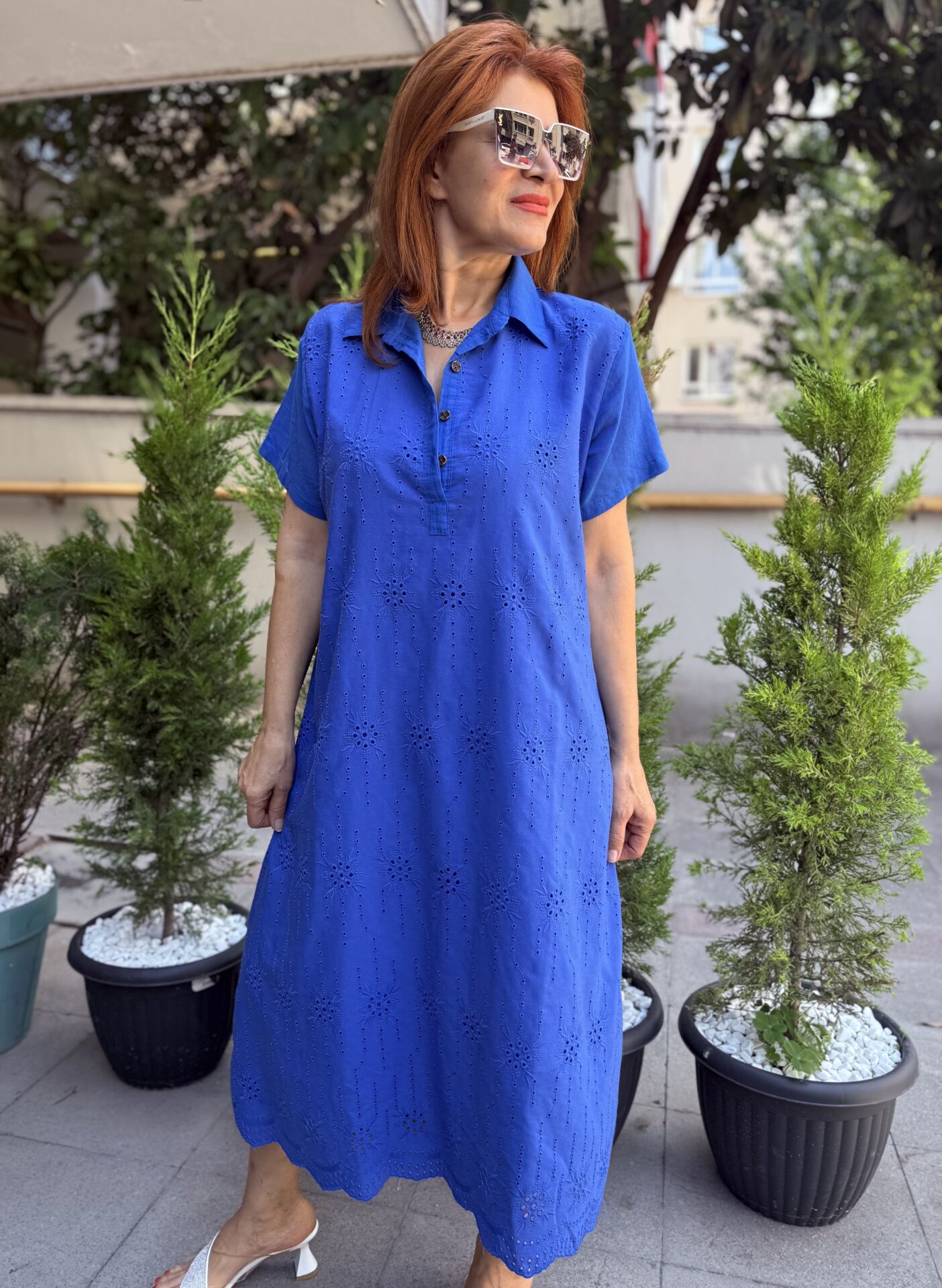 P- MD195 Brode Düğmeli Elbise Saks Mavi