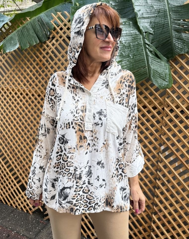 İtalyan Kapüşonlu Leopar Bluz Beyaz
