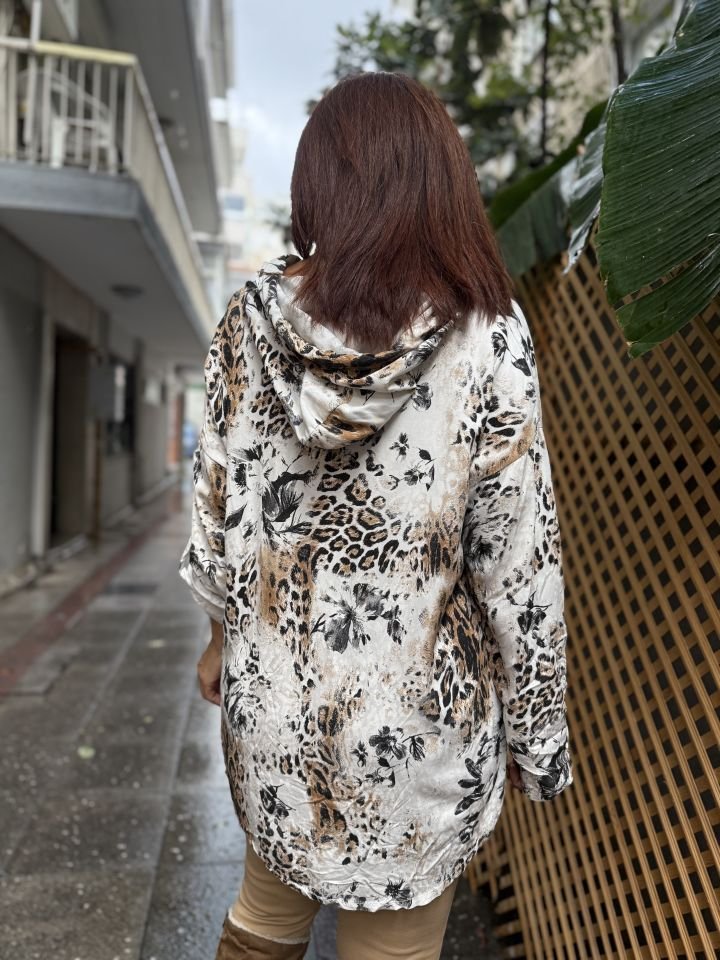 İtalyan Kapüşonlu Leopar Bluz Beyaz