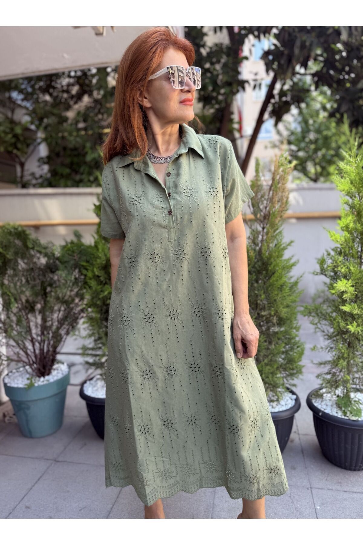 Brode Düğmeli Elbise Haki