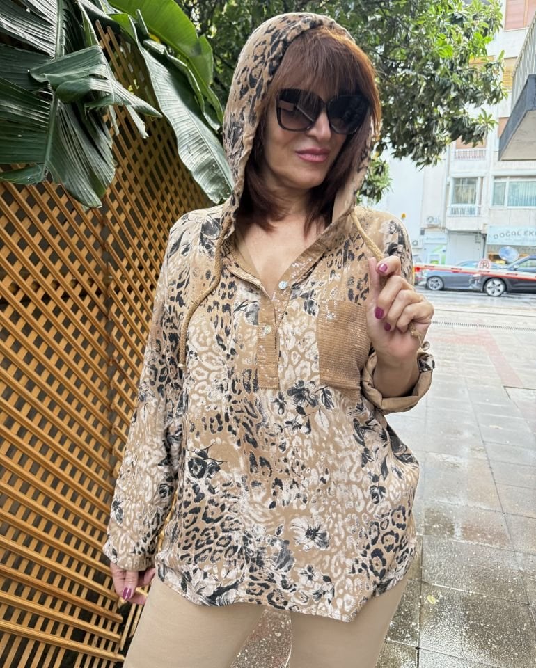 İtalyan Leopar Kapüşonlu Bluz Toprak