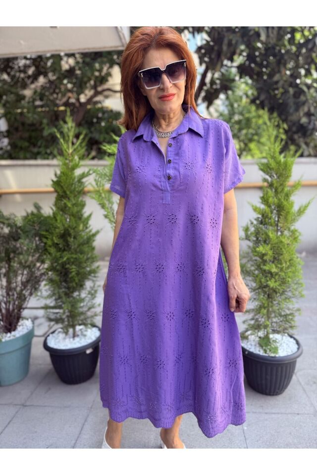 Brode Düğmeli Elbise Mor