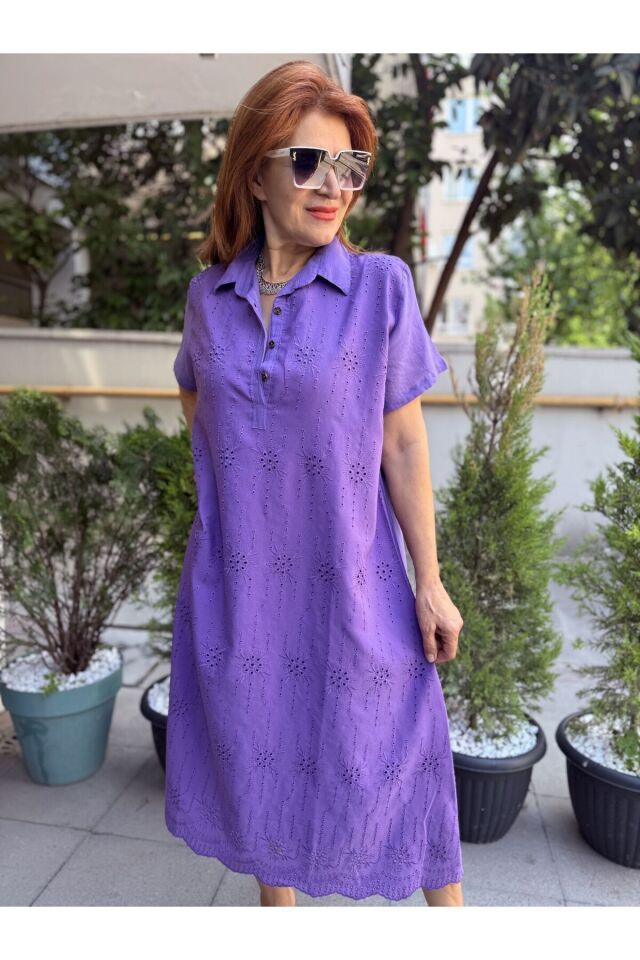 Brode Düğmeli Elbise Mor