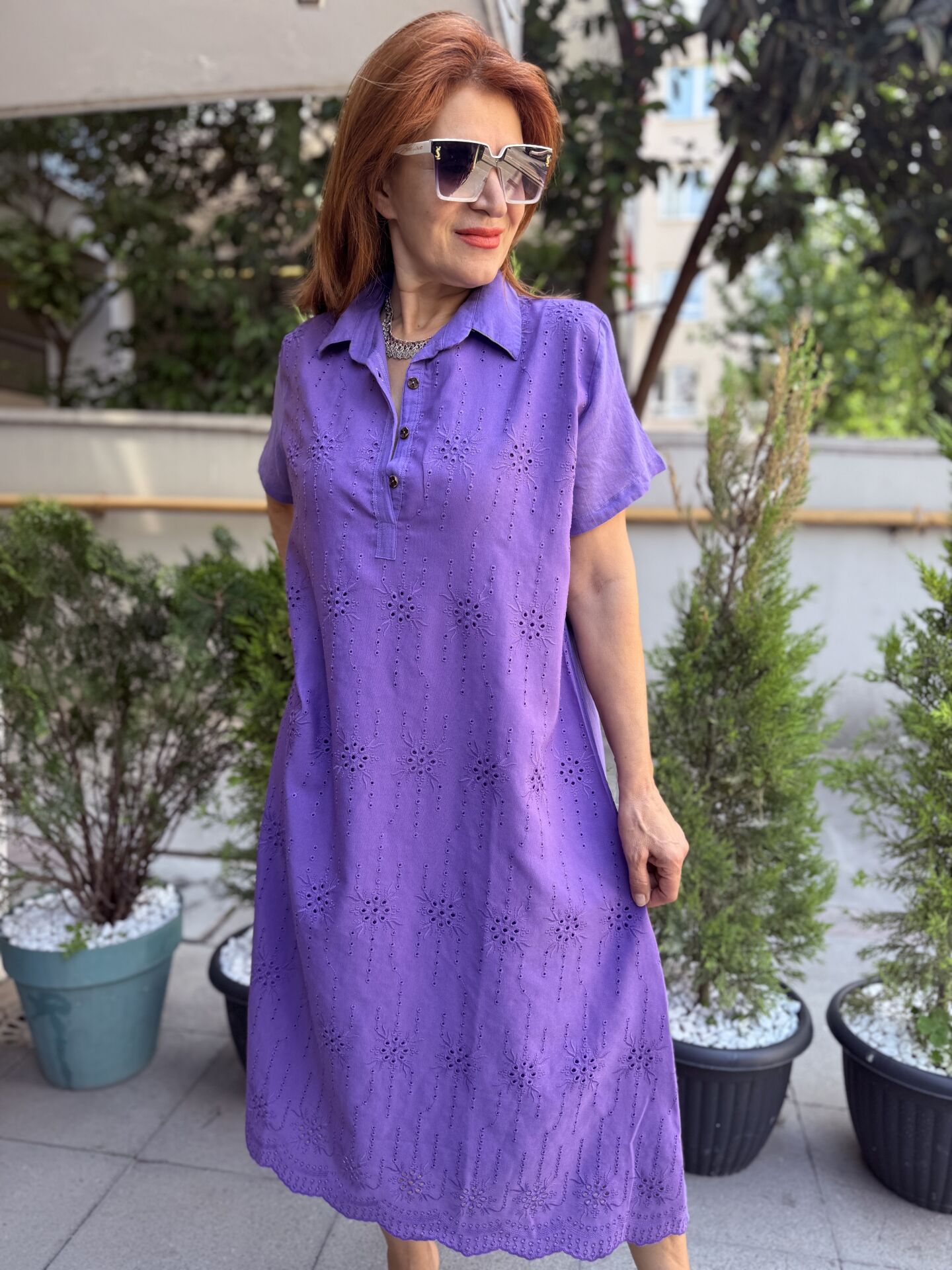 P- MD195 Brode Düğmeli Elbise Mor