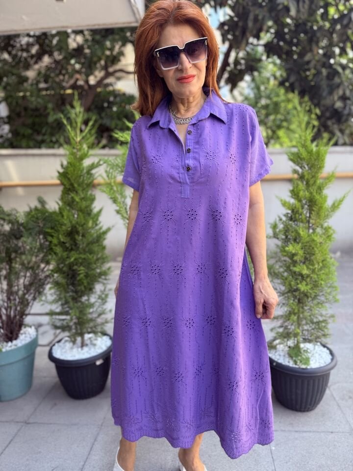 P- MD195 Brode Düğmeli Elbise Mor