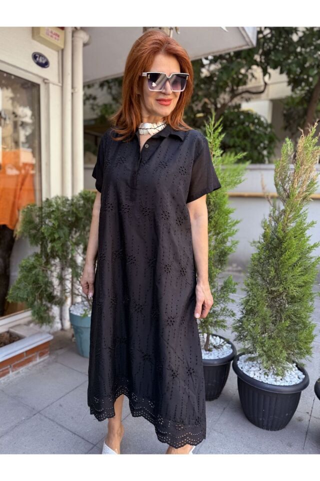 Brode Düğmeli Elbise Siyah