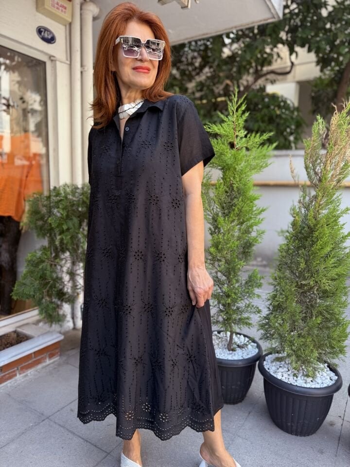 P- MD195 Brode Düğmeli Elbise Siyah