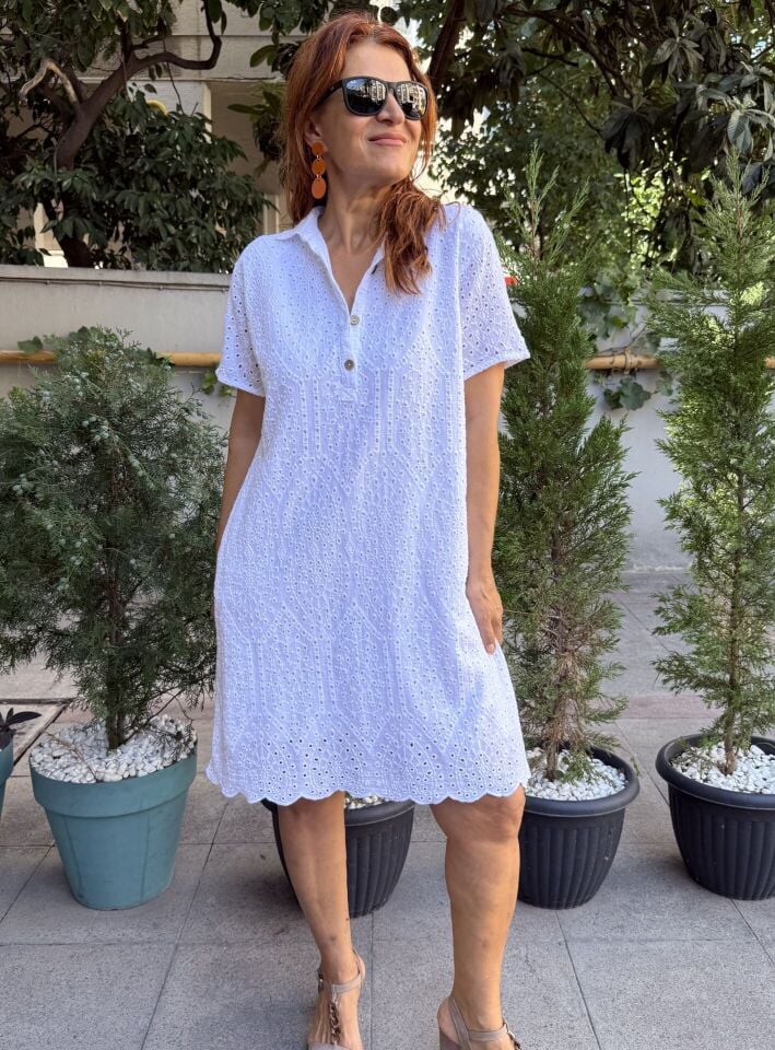 Güpür Midi Elbise (Cepli) BEYAZ