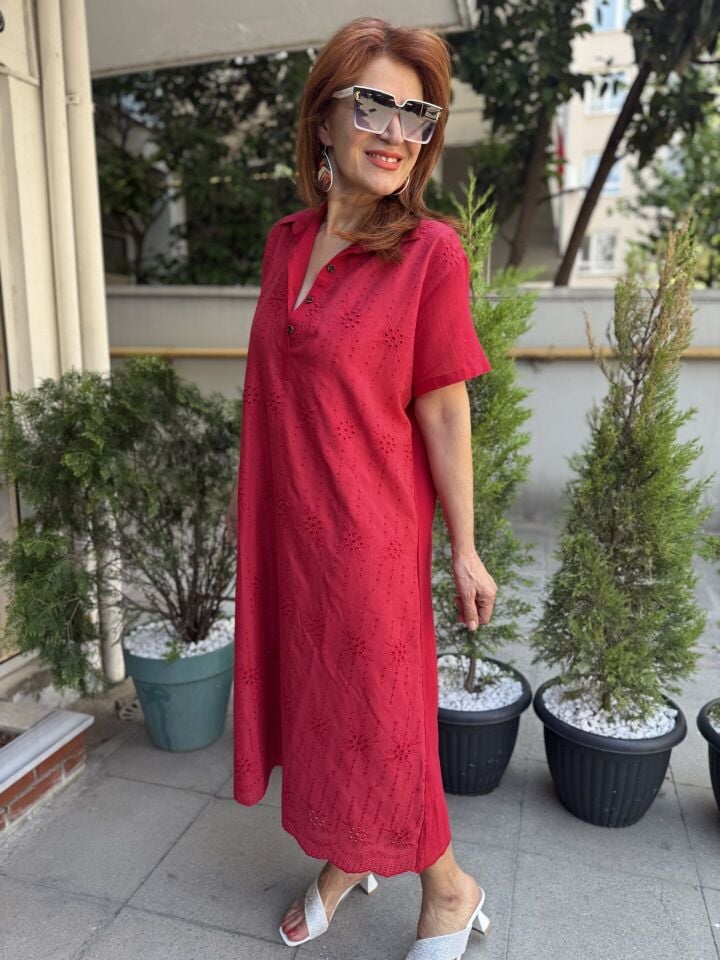 Brode Düğmeli Elbise Kırmızı