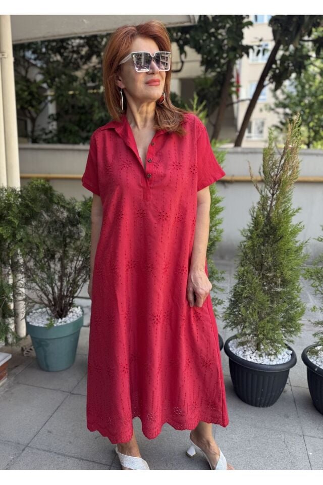 Brode Düğmeli Elbise Kırmızı