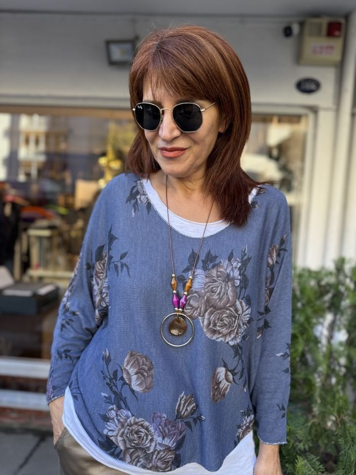 Flower İtalyan Bluz Mavi