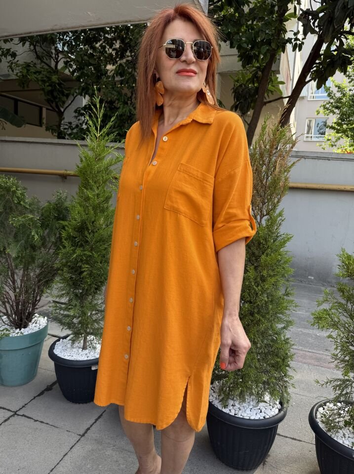 Pamuk Gömlek Elbise Turuncu
