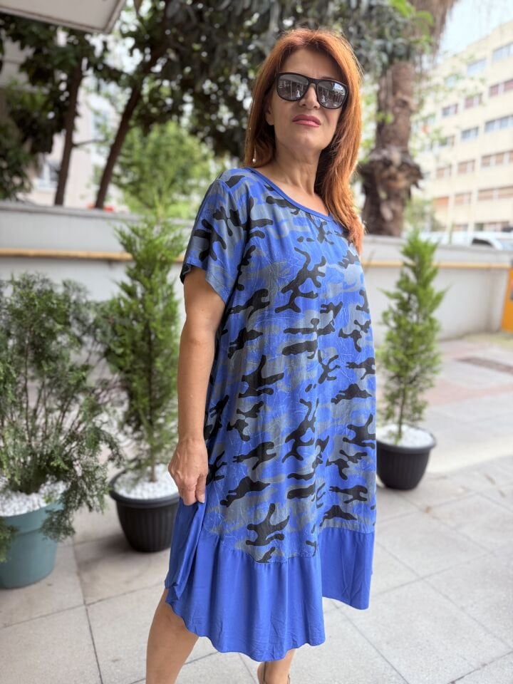 İtalyan Kamuflaj Elbise Saks Mavi