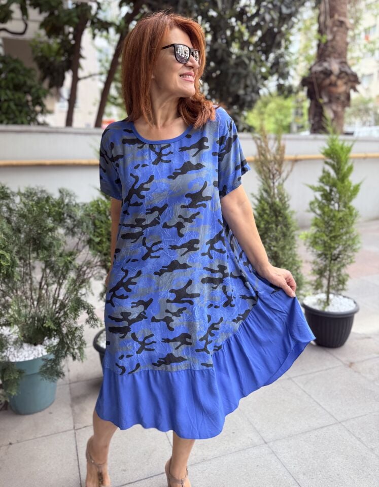 İtalyan Kamuflaj Elbise Saks Mavi