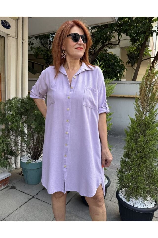 Pamuk Gömlek Elbise Lila