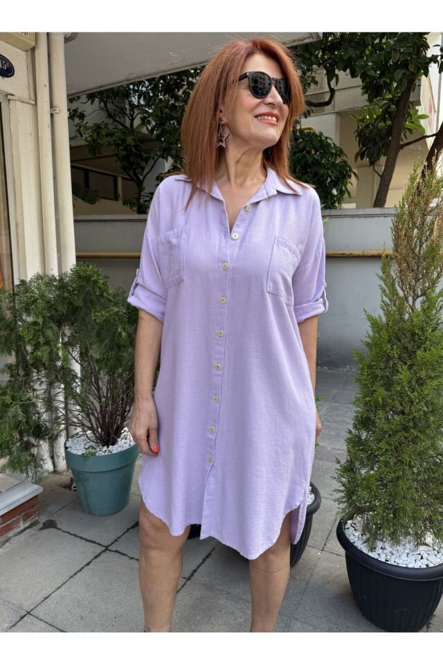 Pamuk Gömlek Elbise Lila