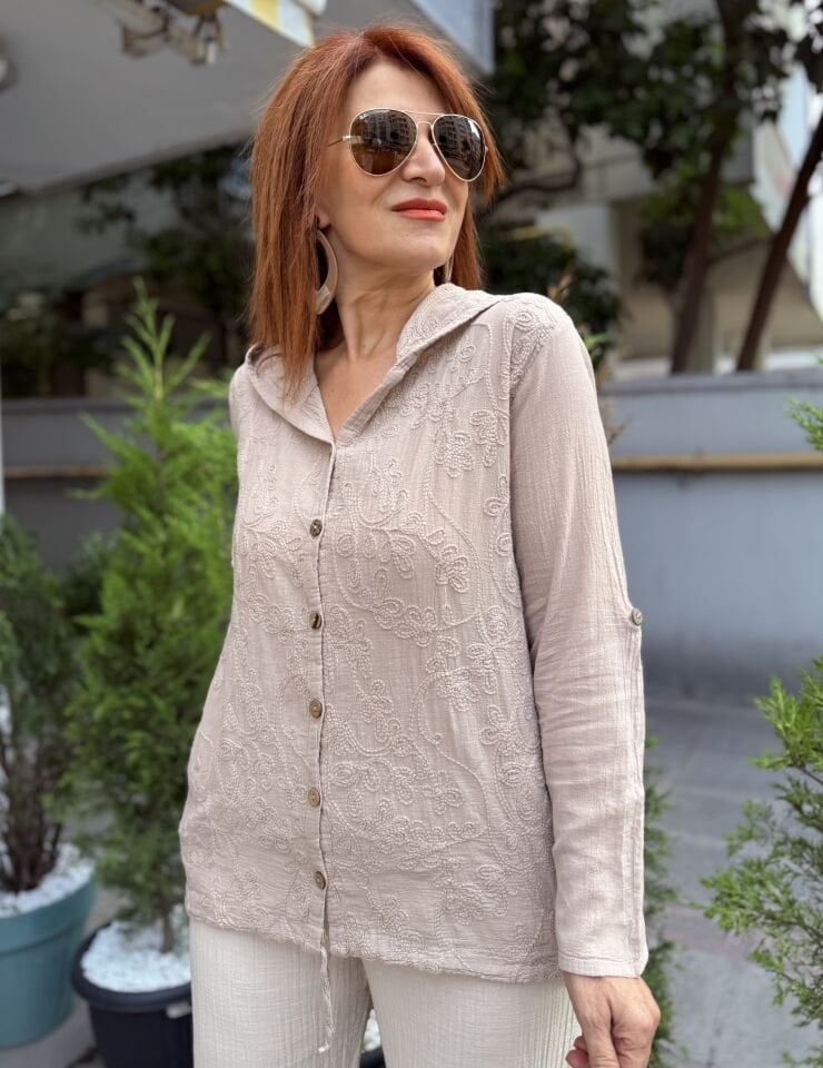 Nakışlı Kapüşonlu Pamuk Ceket Bej