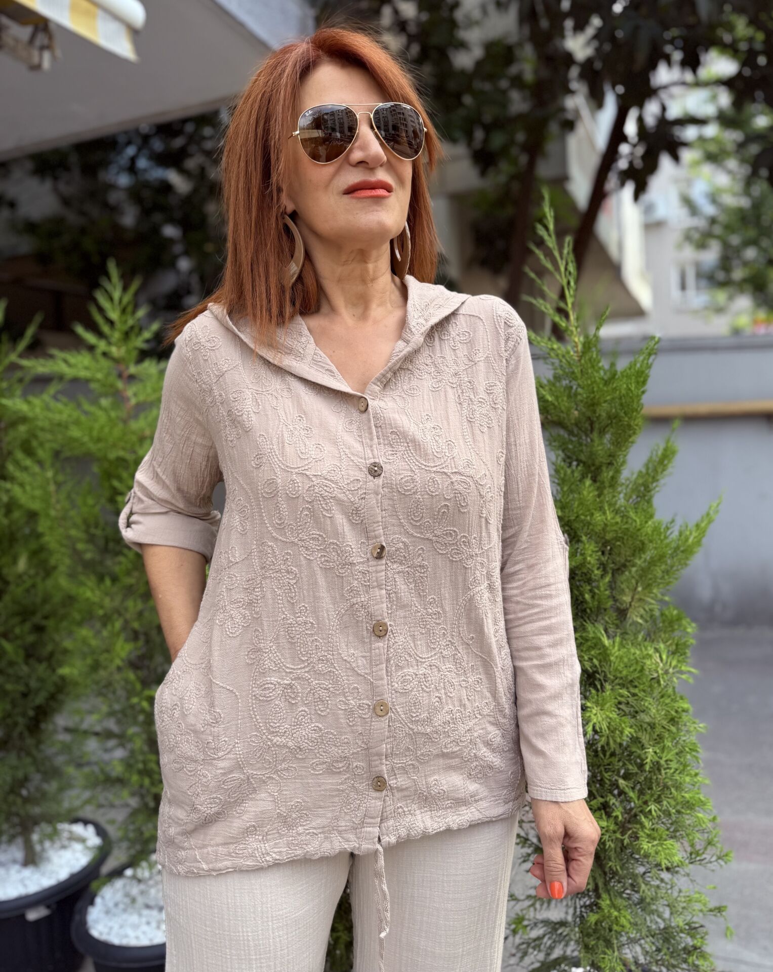 MLT- Nakışlı Kapüşonlu Pamuk Ceket Bej