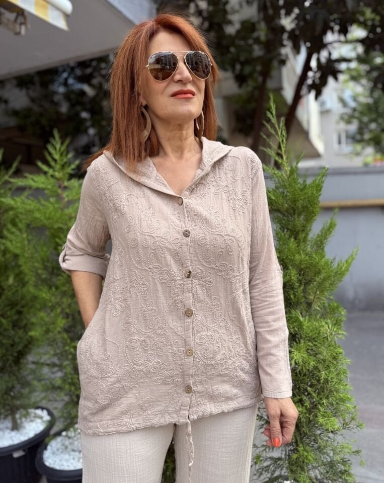 MLT- Nakışlı Kapüşonlu Pamuk Ceket Bej