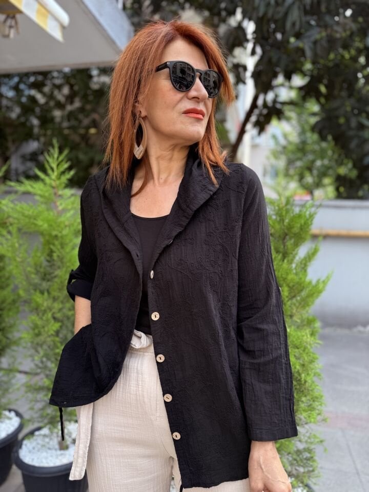 Nakışlı Kapüşonlu Pamuk Ceket Siyah