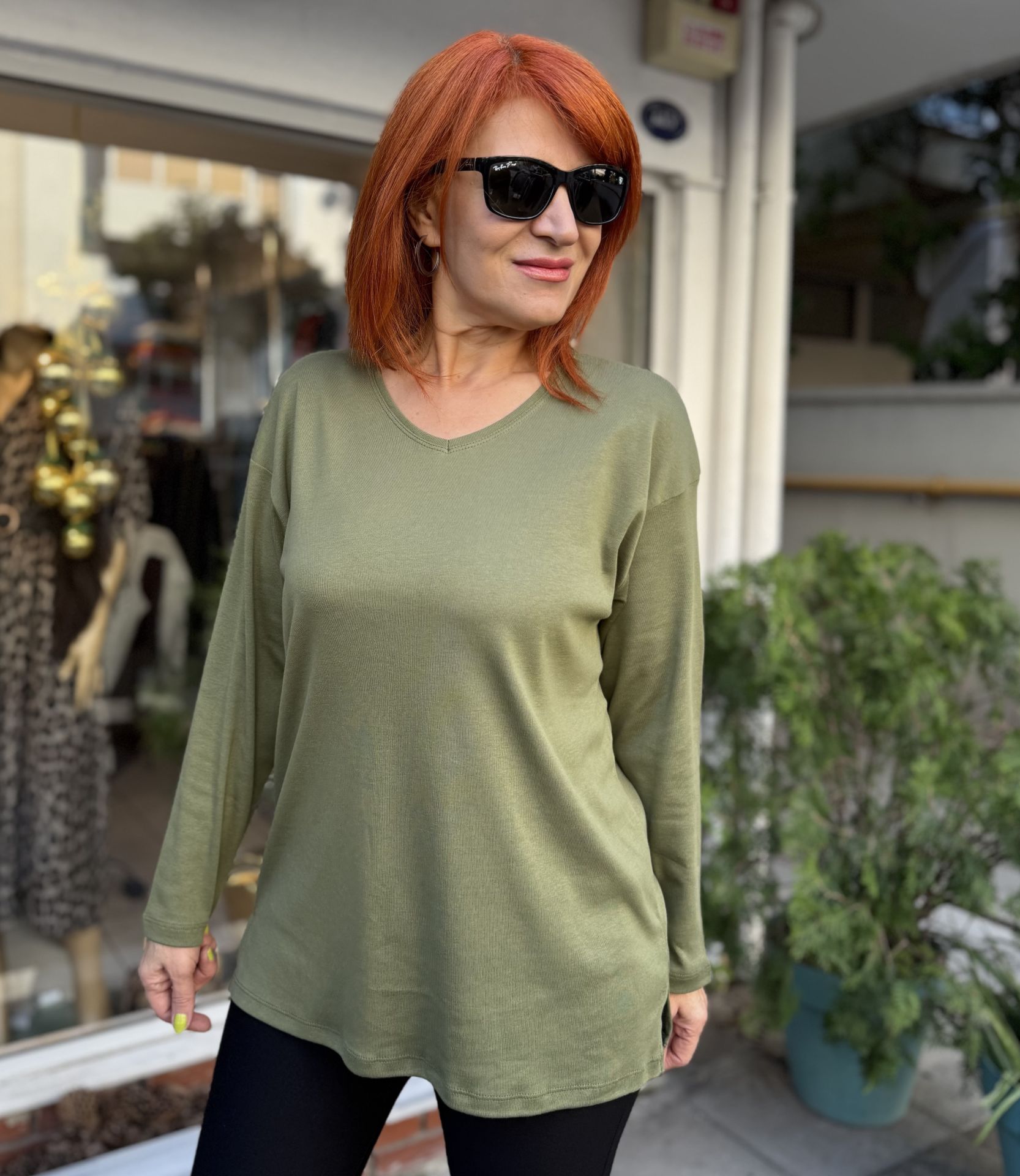 Organik Pamuk Yırtmaçlı Basic Bluz Haki
