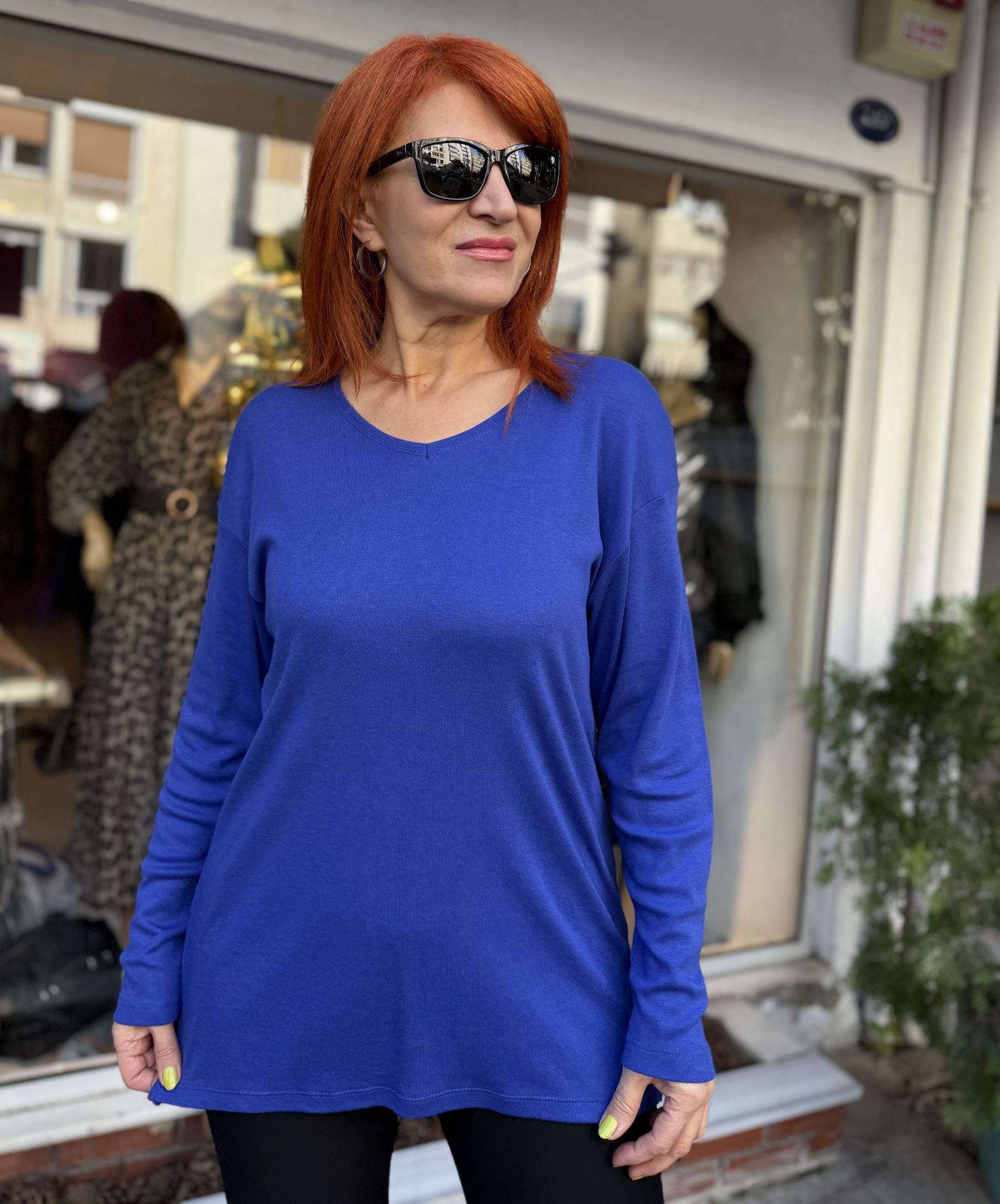 Organik Pamuk Basic Yırtmaçlı Bluz Saks Mavi