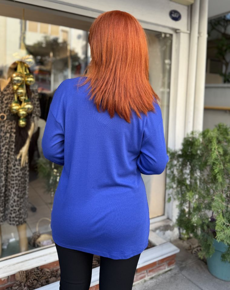 Organik Pamuk Basic Yırtmaçlı Bluz Saks Mavi