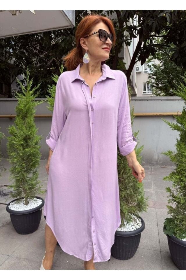 Viskon Gömlek Elbise Lila